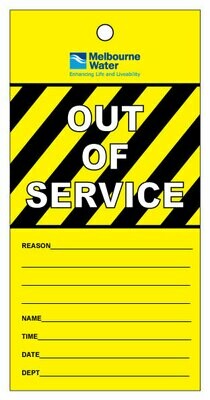 Melbourne Water Out of Service Tag (100 Pack) SDT-634-100B