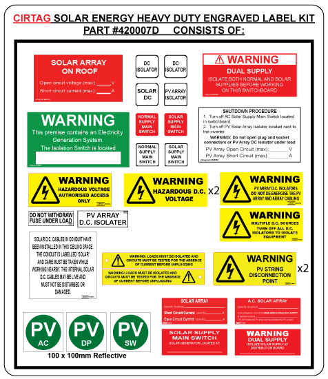 Solar Installation Labels Kit - Engraved Part Number (SKU 420007D)