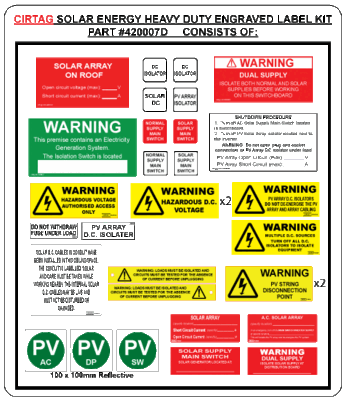 Solar Installation Labels Kit - Engraved Part Number (SKU 420007D) 420007D