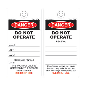 Danger Do Not Operate Tag - Poly & Cardboard