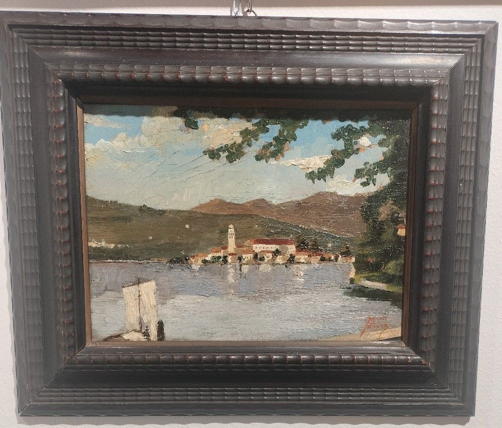 DIPINTO OLIO SU TAVOLETTA VEDUTA ISOLA ORTA SAN GIULIO FIRMA NON IDENTIFICATA