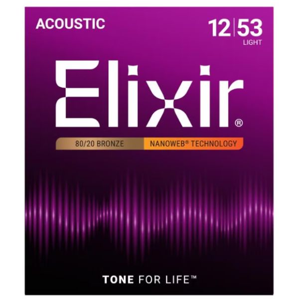 Elixir 12-53 Nanoweb 80/20 Bronze Light Acoustic Guitar Strings