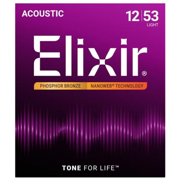 Elixir 12-53 Nanoweb Phosphor Bronze Light Acoustic Guitar Strings