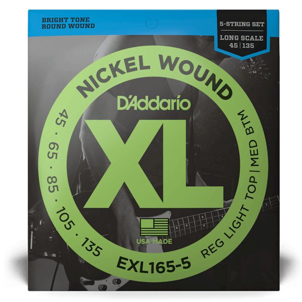 D'Addario EXL165-5 Regular Light Top/ Medium Bottom Nickel Wound 5-string Long Scale Bass - .045-.135