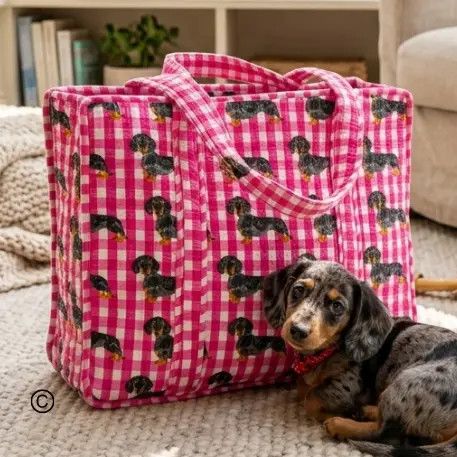TOTE BAG BLOCK PRINT PINK CHLOE DACHSHUND