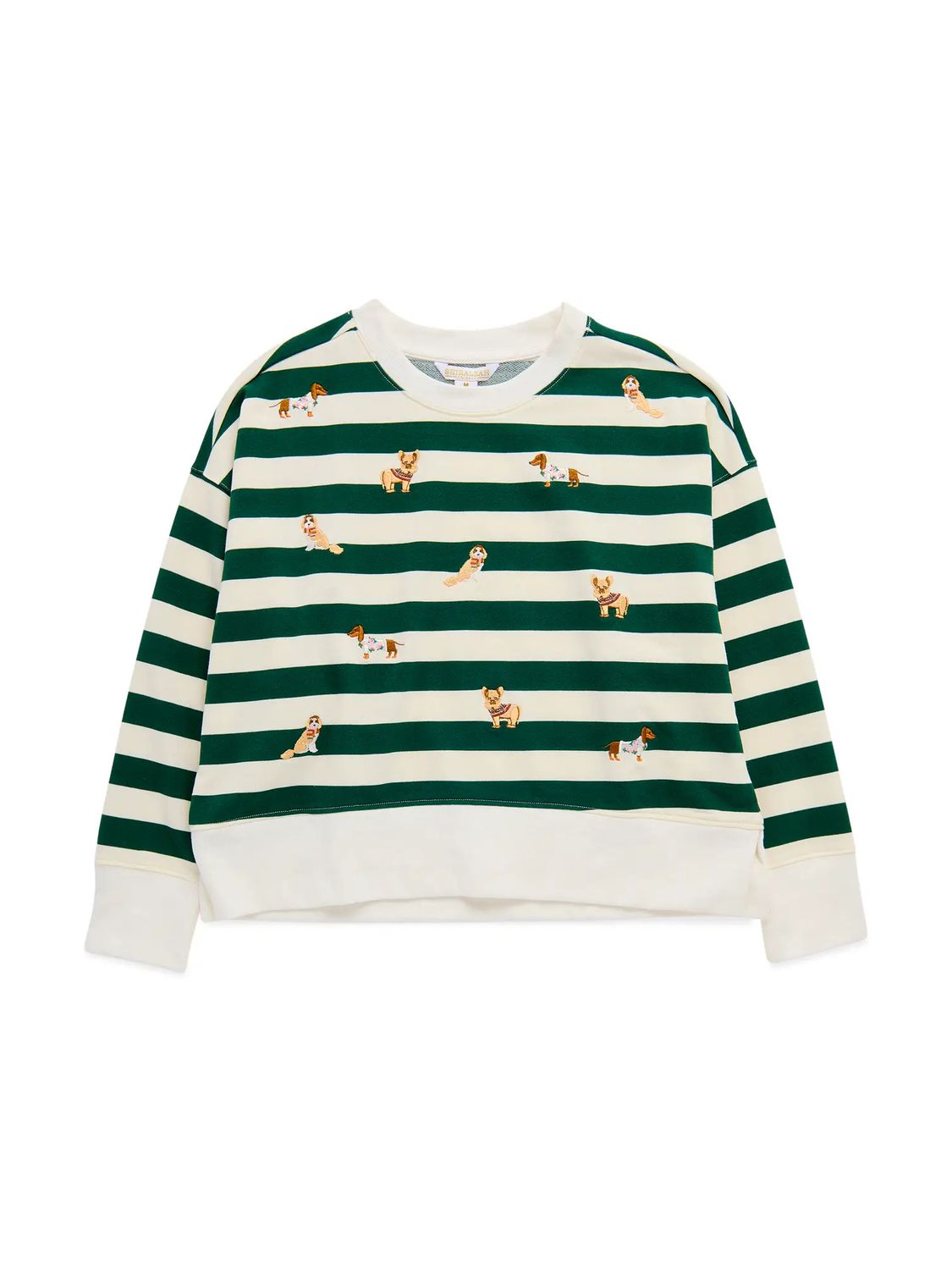 RUGBY STRIPED DOG CHARM CREWNECK, Color: GREEN, Size: XS
