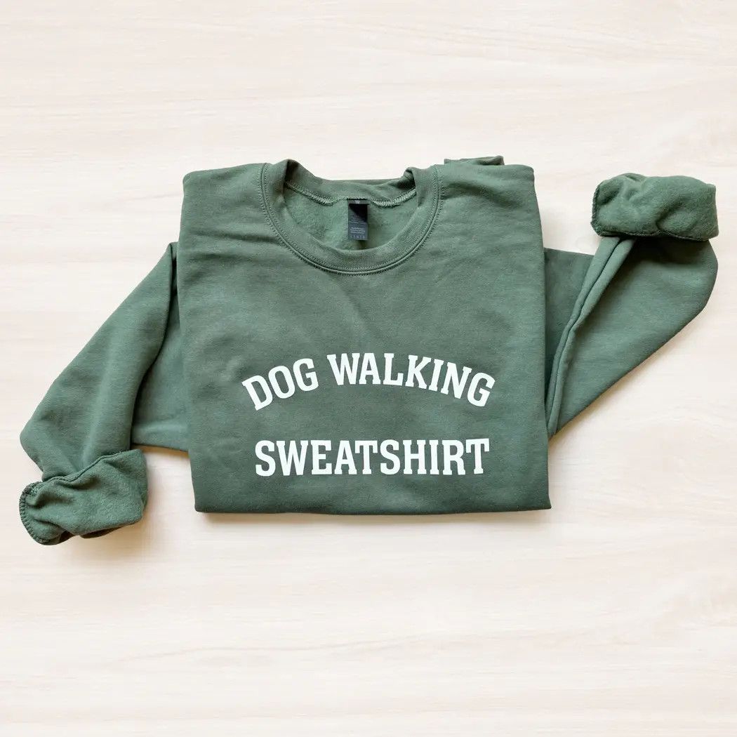 MY DOG WALKING SWEATSHIRT CREWNECK, Color: OLIVE GREEN, Size: S