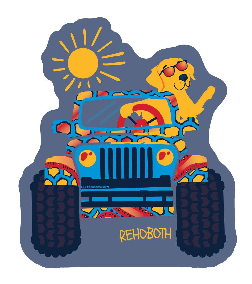 BEACH STICKER FUN RIDE JEEP GOLDEN RETRIEVER