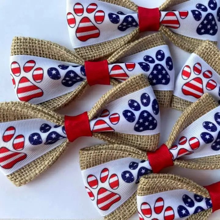 BOW TIE BURLAP PATRIOTIC PAW PRINTS