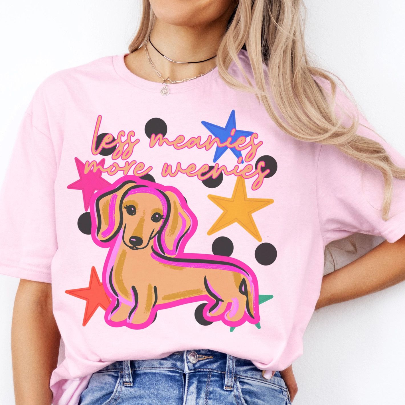 LESS MEANIES MORE WEENIES SS TEE, Color: PINK, Size: S