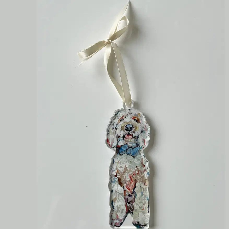 ACRYLIC ORNAMENT GOLDENDOODLE BLUE BOWTIE