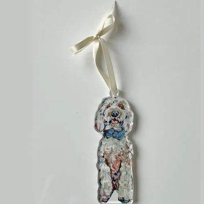 ACRYLIC ORNAMENT GOLDENDOODLE BLUE BOWTIE