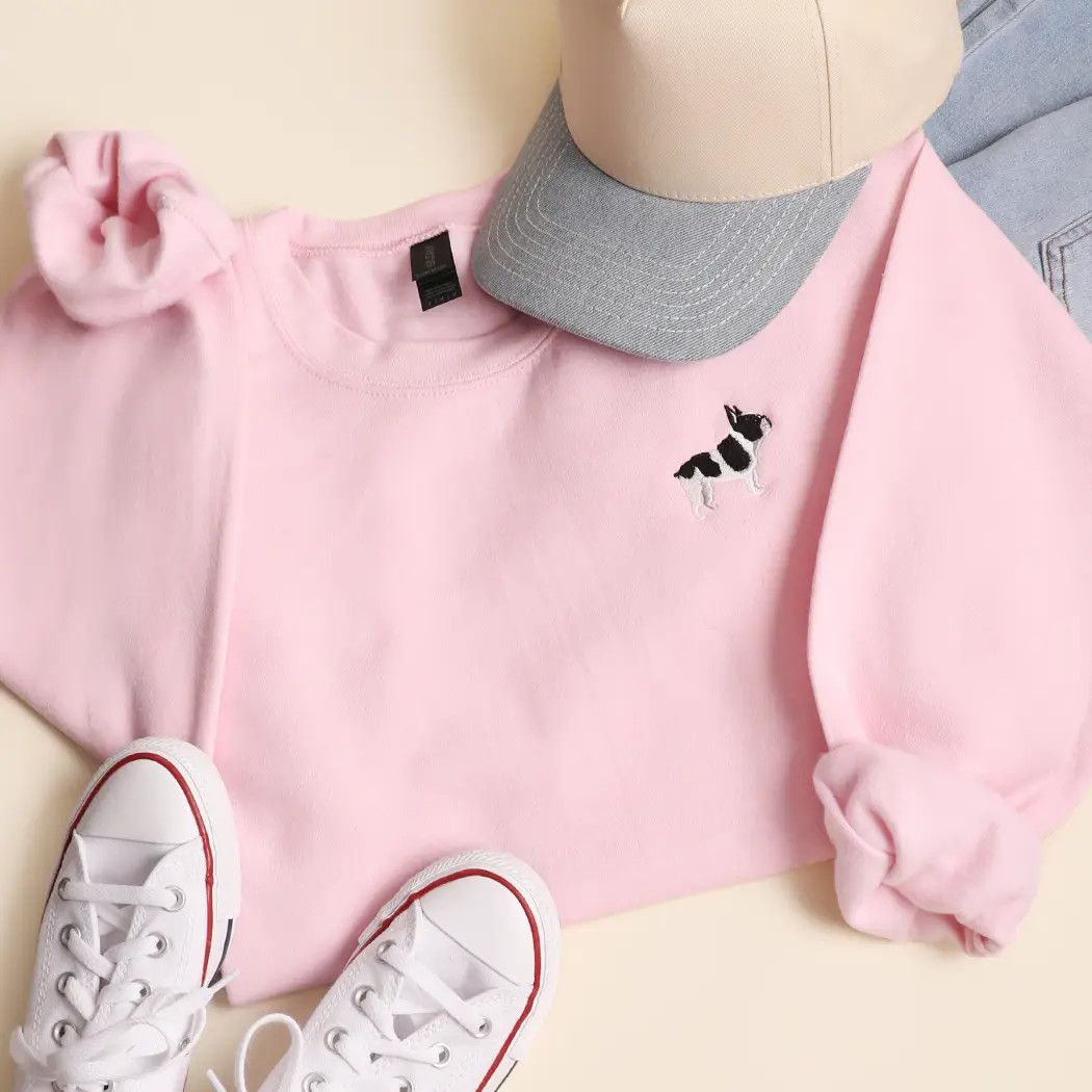 EMBROIDERED FRENCH BULLDOG CREWNECK, Color: LIGHT PINK, Size: S