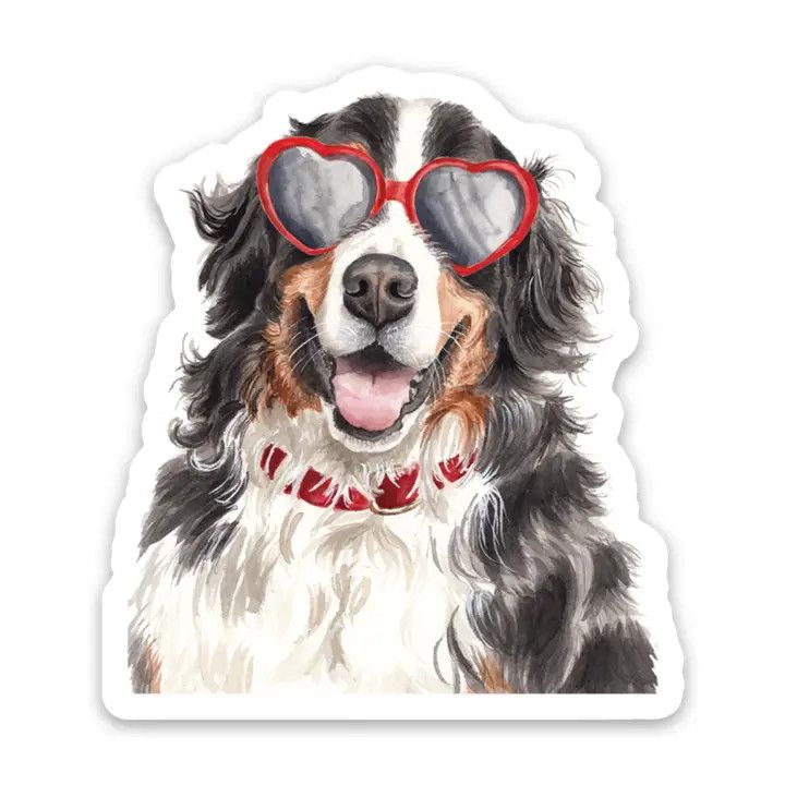 NOVELTY STICKER BERNESE MOUNTAIN DOG IN HEART SUNGLASSES