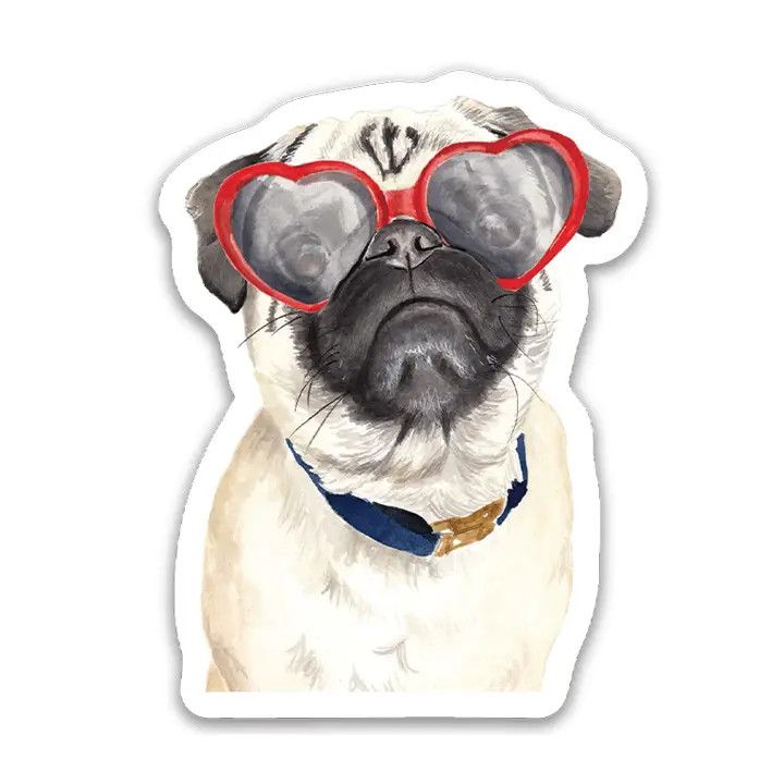 NOVELTY STICKER PUG IN HEART SUNGLASSES