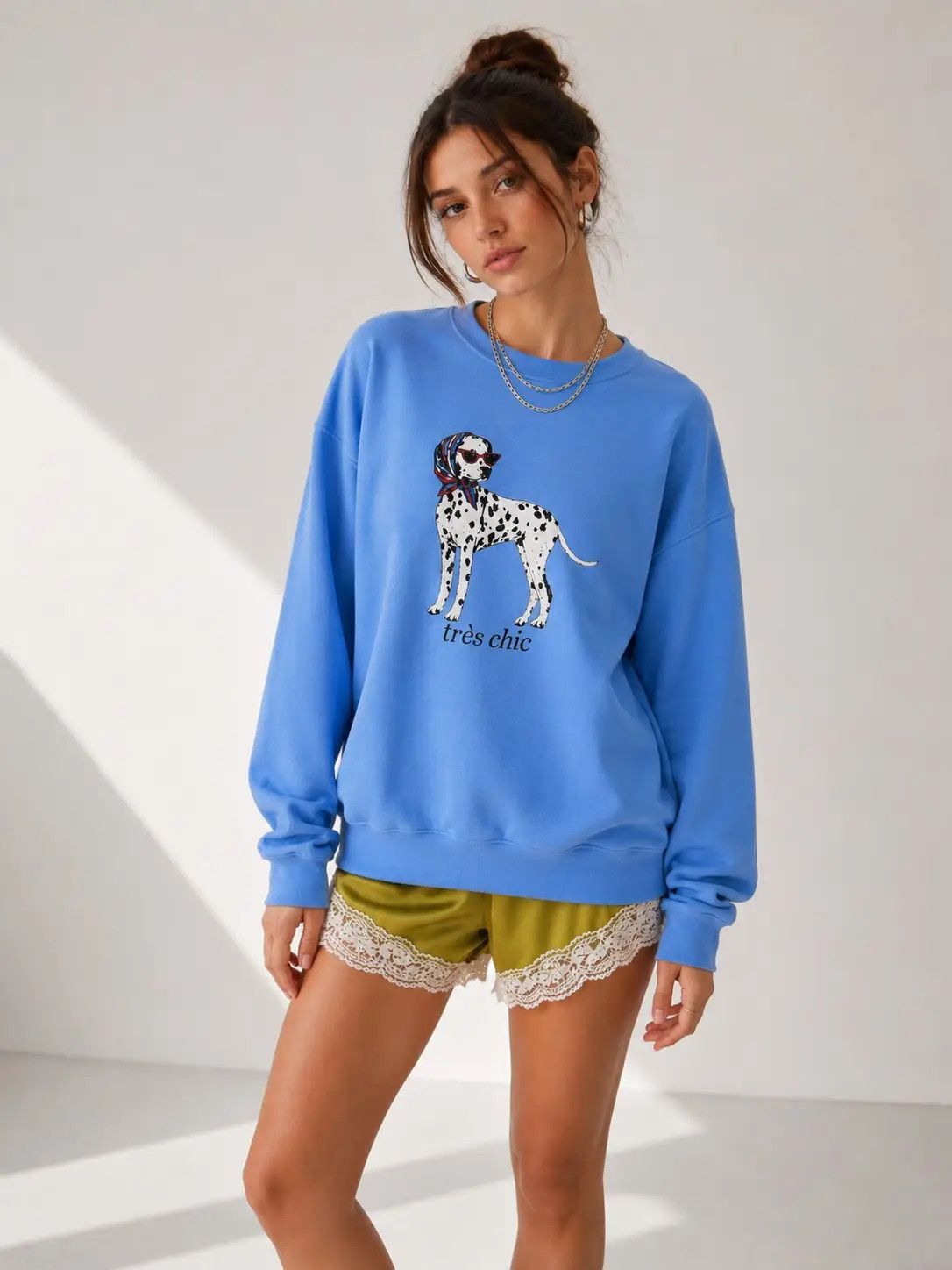 TRES CHIC DALMATIAN BLUE CREWNECK SWEAT, Size: S/M