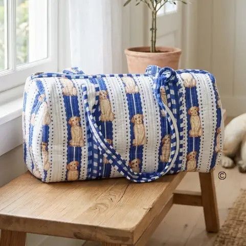DUFFEL BAG BLOCK PRINT BLUE CHARLIE YELLOW LABRADOR