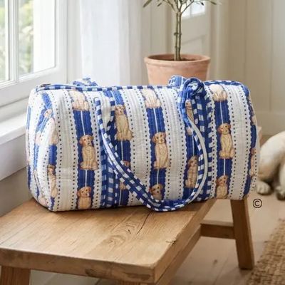 DUFFEL BAG BLOCK PRINT BLUE CHARLIE YELLOW LABRADOR