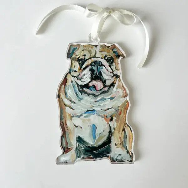 ACRYLIC ORNAMENT ENGLISH BULLDOG TAN &amp; WHITE