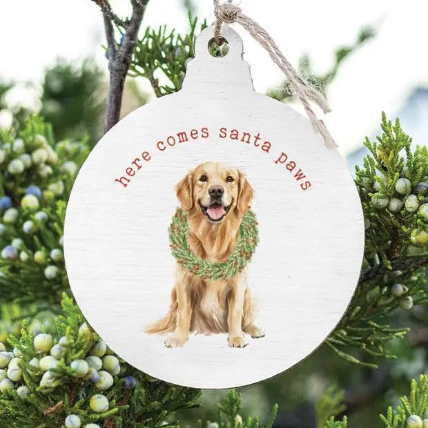 WOOD ORNAMENT HERE COMES SANTA PAWS GOLDEN RETRIEVER