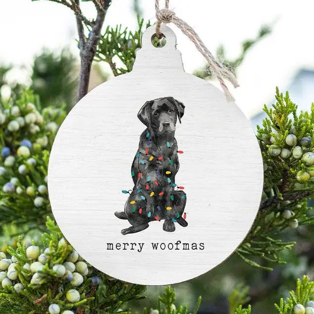 WOOD ORNAMENT MERRY WOOFMAS BLACK LAB