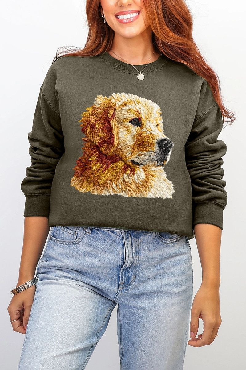 FAUX STITCH CREW GOLDEN RETRIEVER, Color: OLIVE GREEN, Size: S