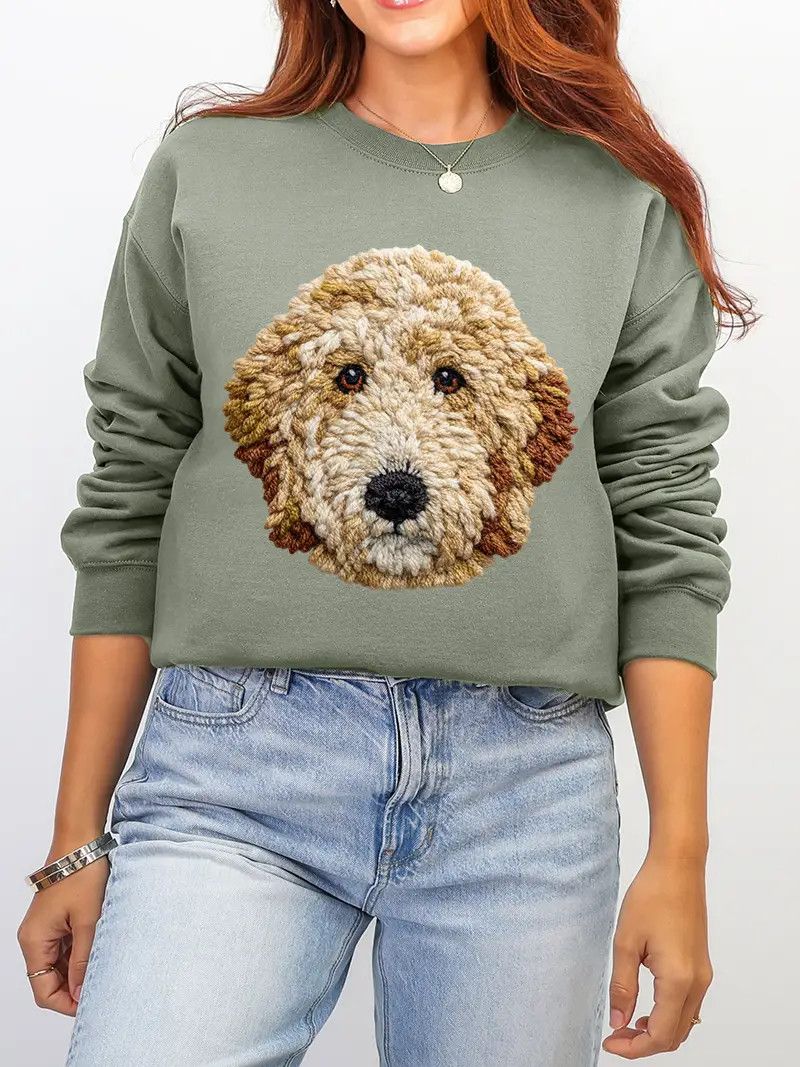 FAUX YARN STITCH CREWNECK DOODLE, Color: SAGE GREEN, Size: S