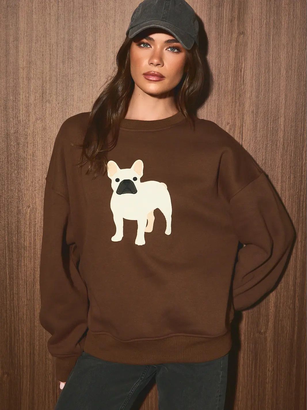FRENCH BULLDOG PATCH CREWNECK SWEATSHIRT, Color: BROWN, Size: S
