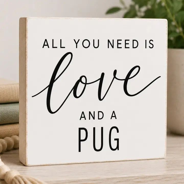 BLOCK SIGN ALL YOU NEED IS LOVE AND A PUG WHITE
