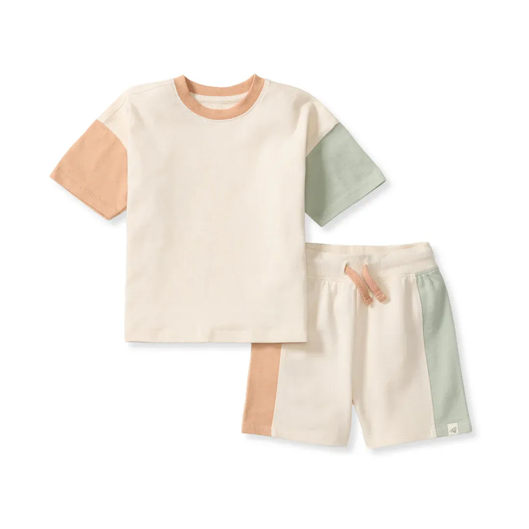 Color Blocked Tee &amp; Shorts Set - Oat Beige