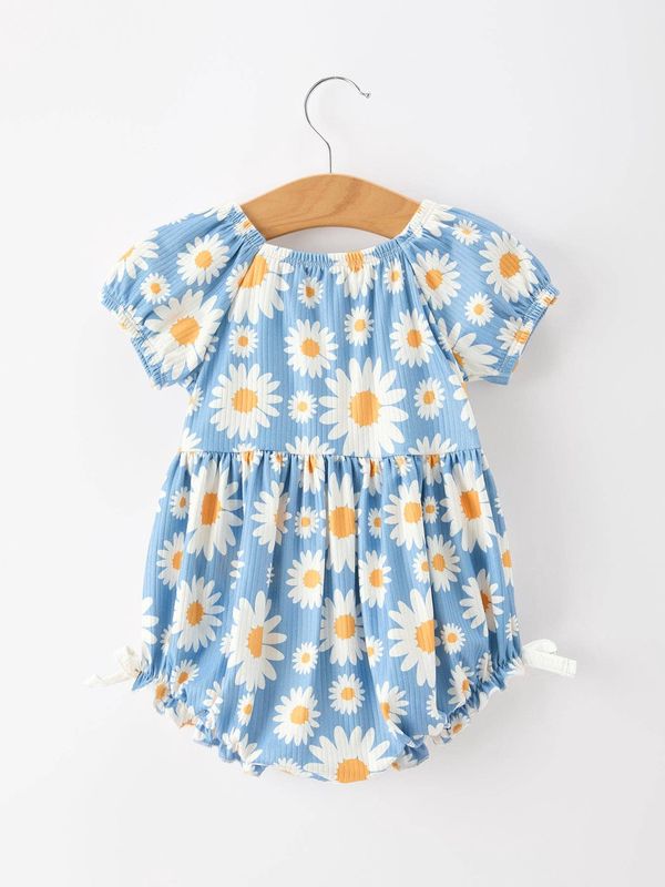 Summer Daisy Print Romper Bow Ruffle