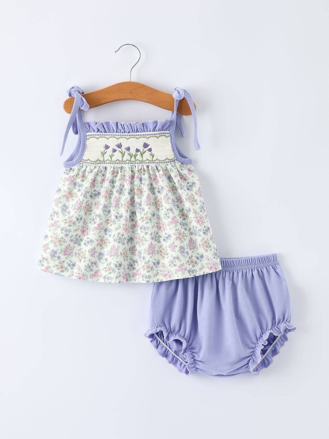 Purple Floral Smocked Embroidery Bloomers Set