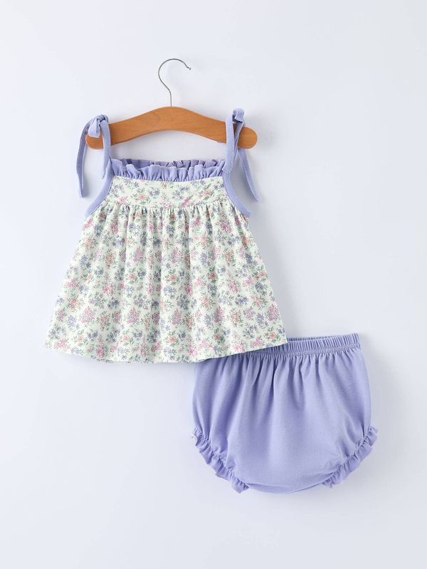 Purple Floral Smocked Embroidery Bloomers Set