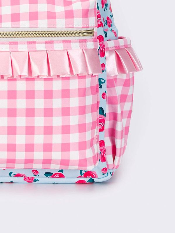 Pink Checkered Ruffle Flower Printed Backpack