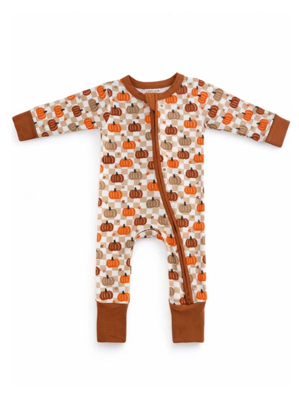 2-Way Convertible Zip Romper, Pumpkin Checkerboard