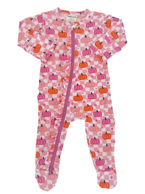 2-Way Zip Ruffle Footie, Pumpkin Checkerboard Pink