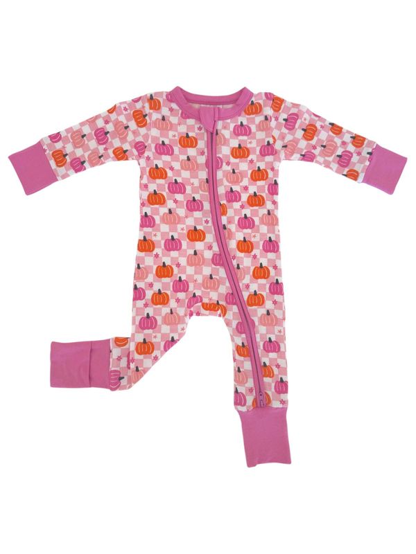 2-Way Convertible Zip Romper, Pumpkin Checkerboard Pink