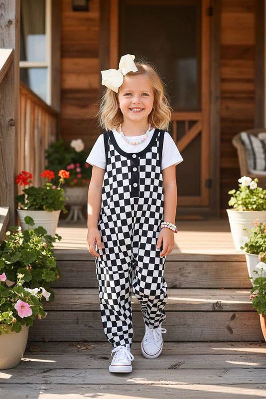 Checkered Loose Overall Girls Romper/Jumpsuit