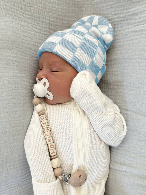 Baby's First Hat®, Baby Blue/Warm White Checkerboard with Matching Blanket