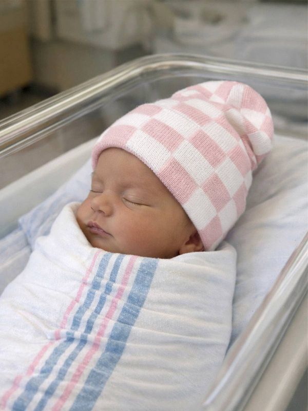 Baby's First Hat®, Petal Pink/Warm White Checkerboard with Matching Blanket