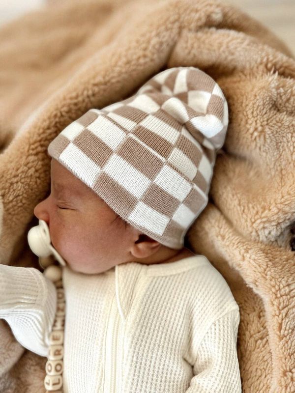 Baby's First Hat®, Tan/Warm White Checkerboard with Matching Blanket