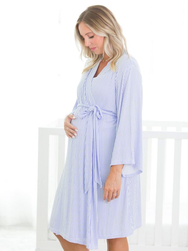 RuffleButts + RuggedButts - SoftSnooze™ Women's Bamboo Viscose Periwinkle &amp; White Micro Stripe Mommy &amp; Me Maternity Robe