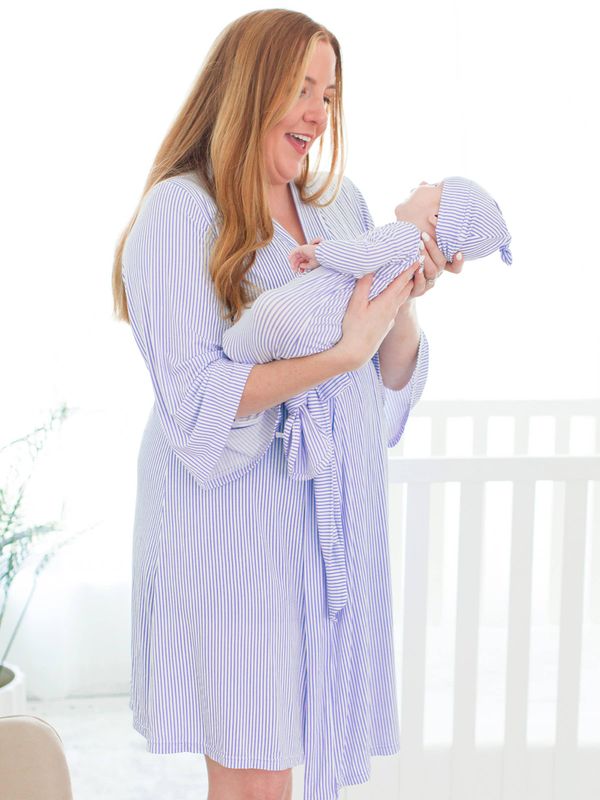 RuffleButts + RuggedButts - SoftSnooze™ Women's Bamboo Viscose Periwinkle &amp; White Micro Stripe Mommy &amp; Me Maternity Robe