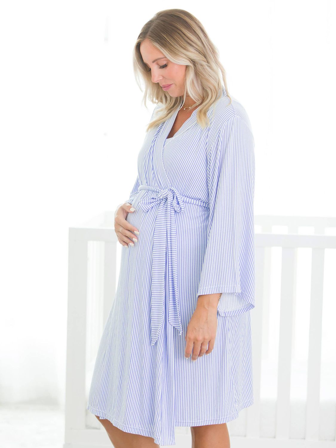 RuffleButts + RuggedButts - SoftSnooze™ Women's Bamboo Viscose Periwinkle &amp; White Micro Stripe Mommy &amp; Me Maternity Robe, Color: Blue, Size: One Size