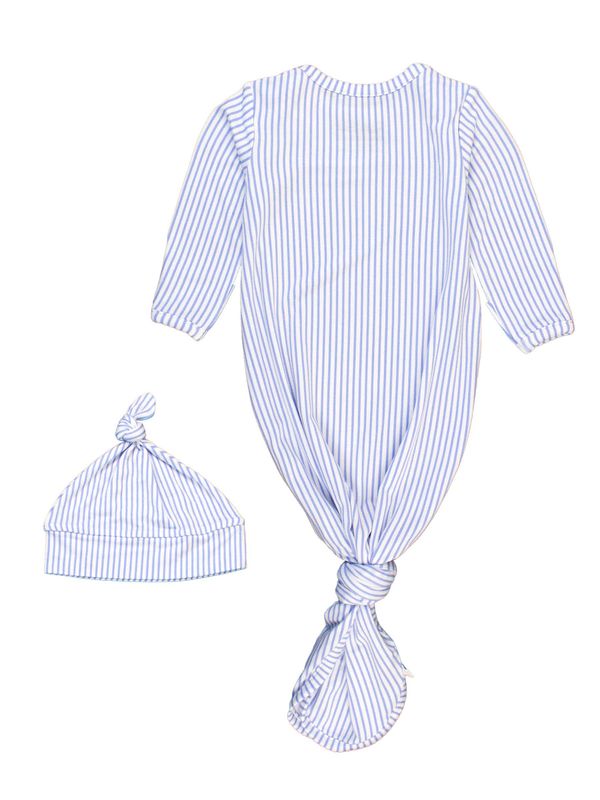 RuffleButts + RuggedButts - SoftSnooze™ Baby Bamboo Viscose Periwinkle &amp; White Micro Stripe Knotted Sleep Gown &amp; Hat Set