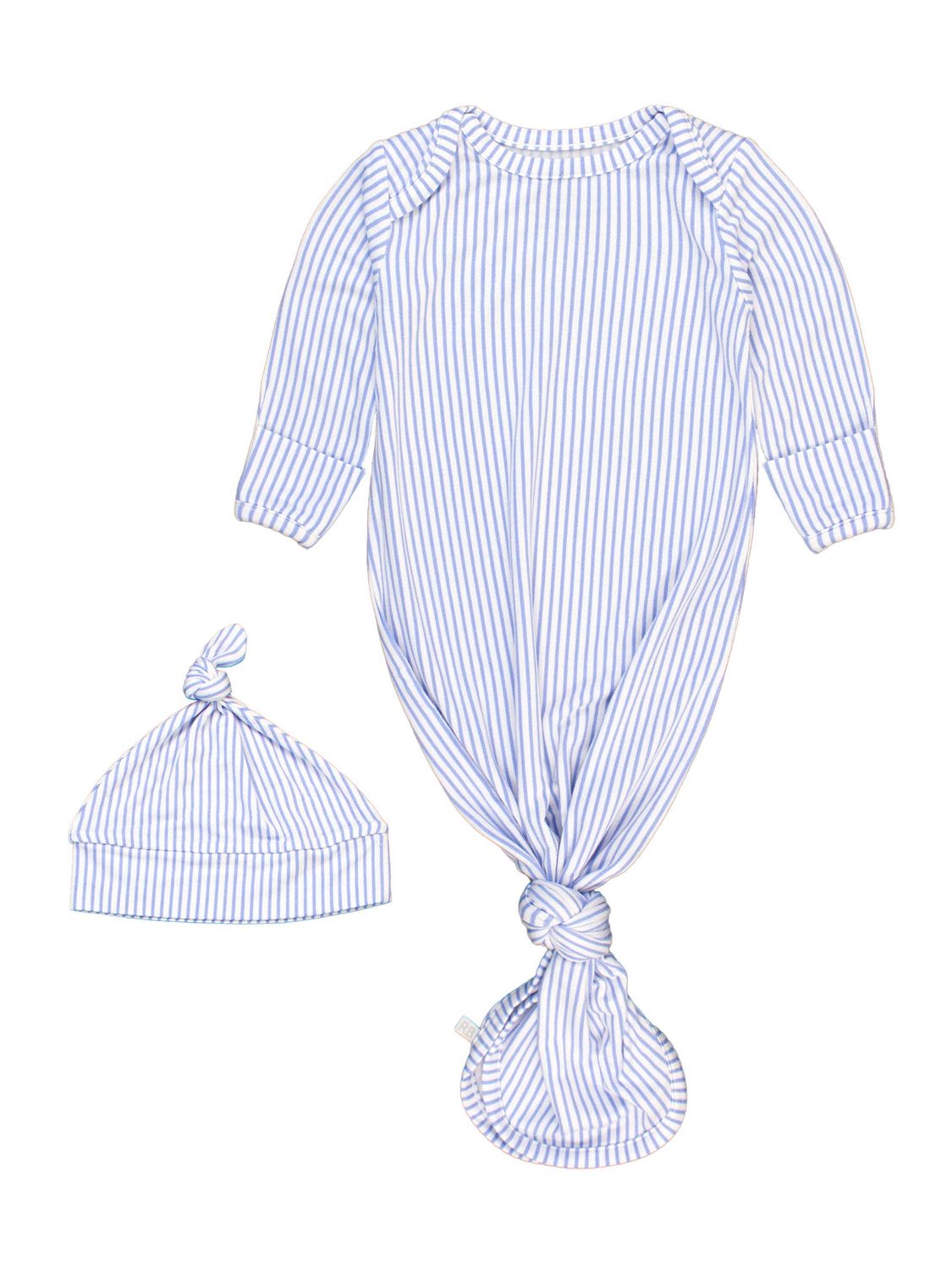 RuffleButts + RuggedButts - SoftSnooze™ Baby Bamboo Viscose Periwinkle &amp; White Micro Stripe Knotted Sleep Gown &amp; Hat Set, Color: Blue, Size: Newborn-3m
