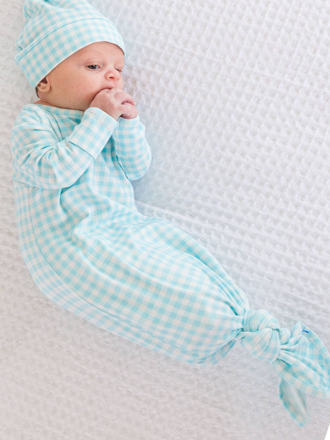RuffleButts + RuggedButts - SoftSnooze™ Baby Cotton Modal Blue Breeze Gingham Knotted Sleep Gown &amp; Hat Set