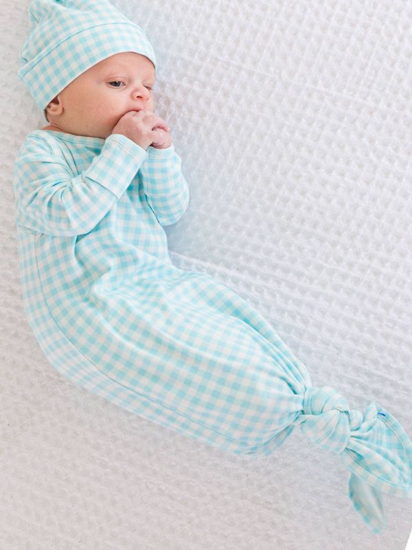 RuffleButts + RuggedButts - SoftSnooze™ Baby Cotton Modal Blue Breeze Gingham Knotted Sleep Gown &amp; Hat Set