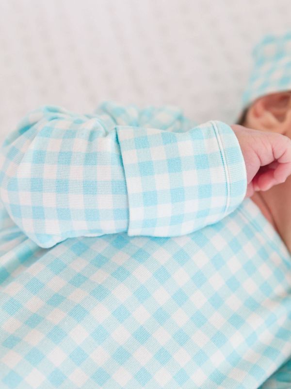 RuffleButts + RuggedButts - SoftSnooze™ Baby Cotton Modal Blue Breeze Gingham Knotted Sleep Gown &amp; Hat Set
