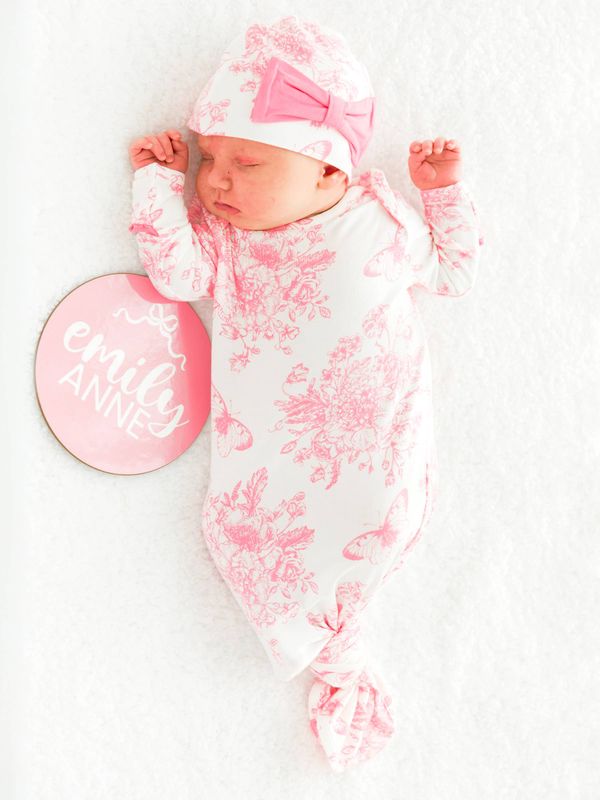 RuffleButts + RuggedButts - SoftSnooze™ Baby Girls Bamboo Viscose Pink Butterfly Garden Toile Ruffle Knotted Sleep Gown &amp; Bow Hat Set
